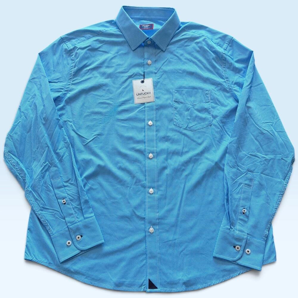 UNTUCKit Shirt Mens XL Blue Check Lee-Perf Button Front Long Sleeve Stretch